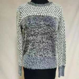 I Heart Ronson Fuzzy Medium Softly Gathered Long Sleeve Black Grey White Sweater